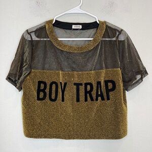 Essue Crop Top Women's L Gold Metallic Pullover Party Boy Trap Short Sleeve